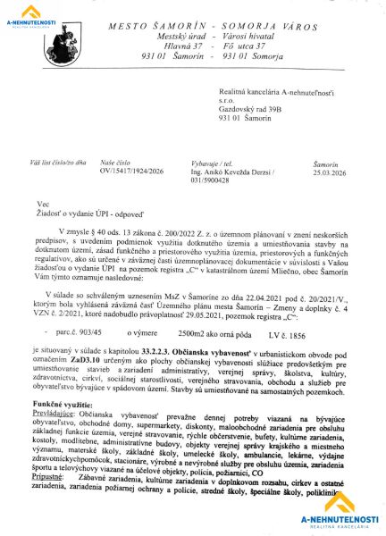 The document text contains an official response to a request for the issuance of ÚPI concerning Šamorín.