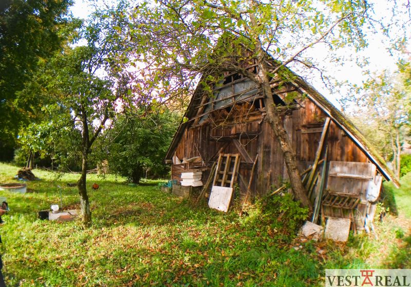 An older wooden building surrounded by greenery in the town of Buková.