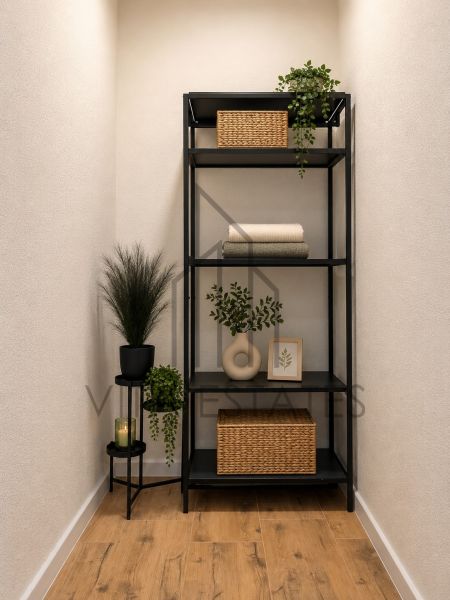 A shelf with decorations and plants on the floor with a wooden decor in a 3-room apartment.