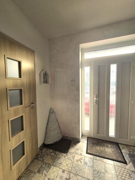 Entrance hall with decorative flooring and wooden doors in a family house.