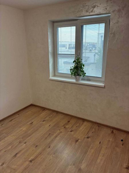 A room in a family house with a wooden decor floor and a window with a flower.