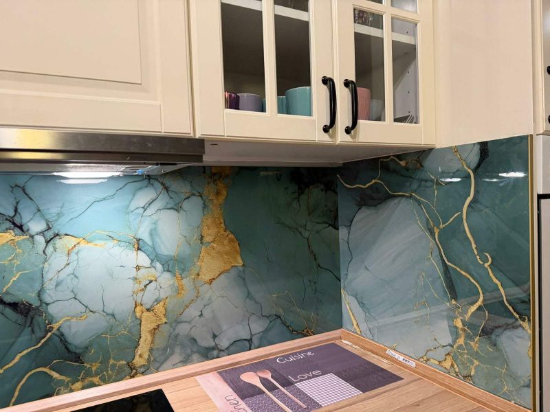 A kitchen in a family house with glass cladding featuring a marble pattern and wooden decor.