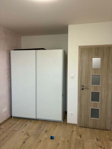 A room in a family house with a wooden decor floor, a built-in wardrobe, and doors.