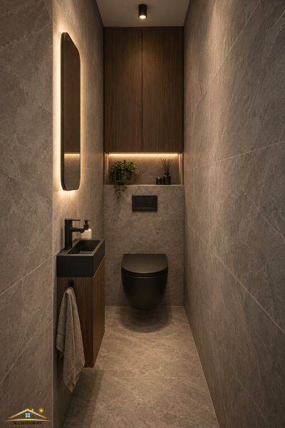 A narrow toilet in a 3-room apartment with an elegant sink and mirror.