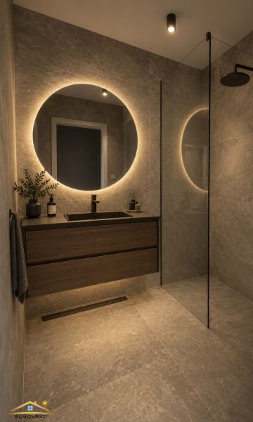 A bathroom with a round illuminated mirror and a shower in a 3-room apartment.