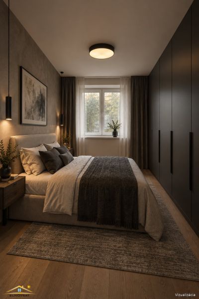 A bedroom with a comfortable bed, wardrobes, and a wooden decor floor in a 3-room apartment.