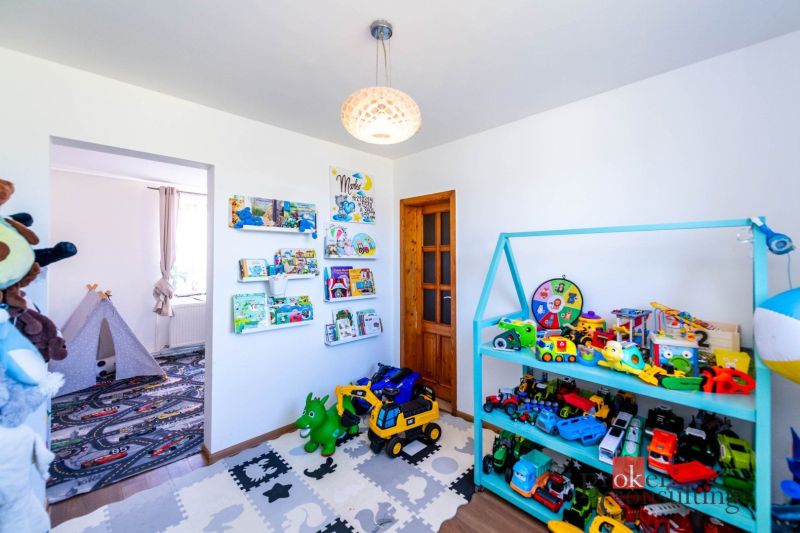 A children's room in a family house with toys, wooden shelves, and a carpet.