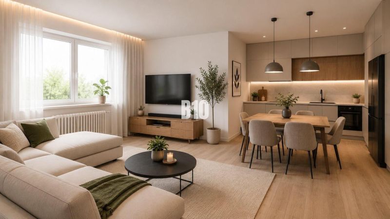 Living room in a family house with a wooden decor floor and neutral furniture.