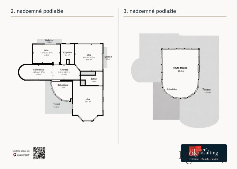 Overhead plan of a villa with staircase, terraces, and rooms on two floors.