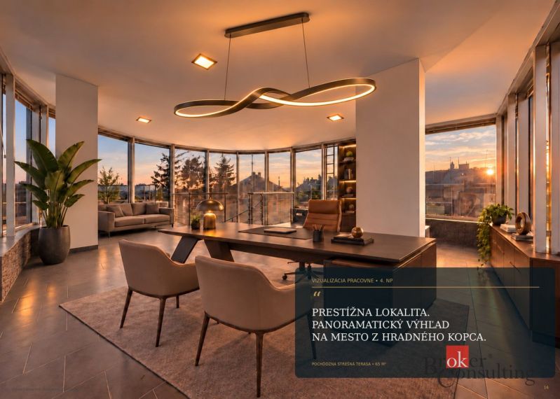 A study in a villa with large windows and a view of the city at sunset.