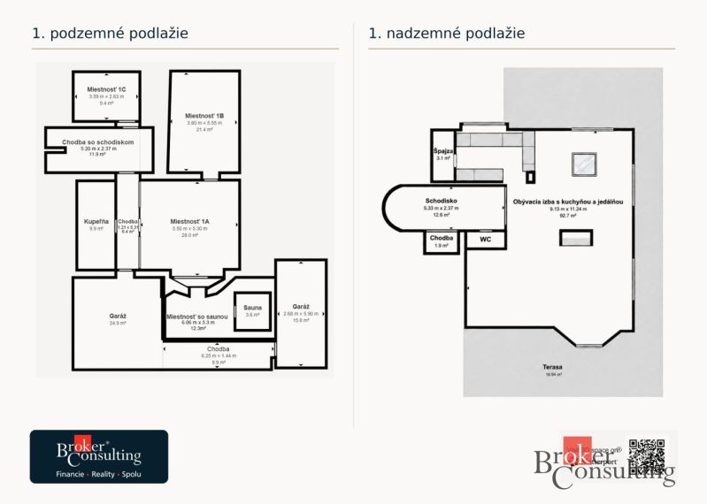 Floor plan of a villa with a garage, sauna, terrace, and living room in Bratislava-Staré Mesto.
