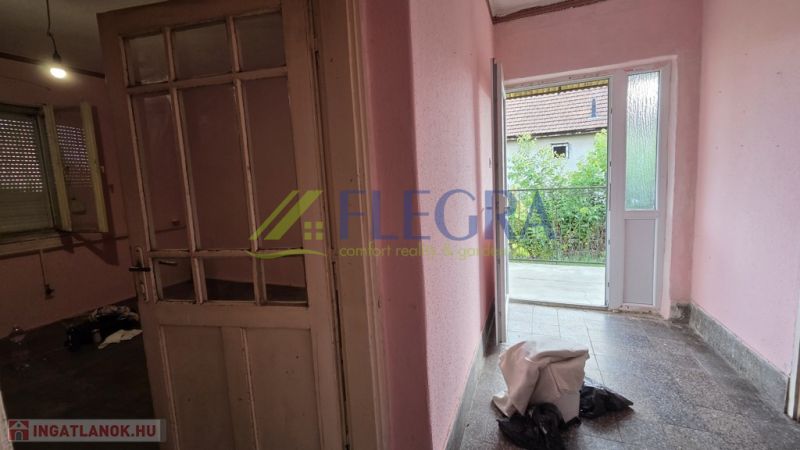 The interior of the family house has pink walls and glass doors with a view outside.