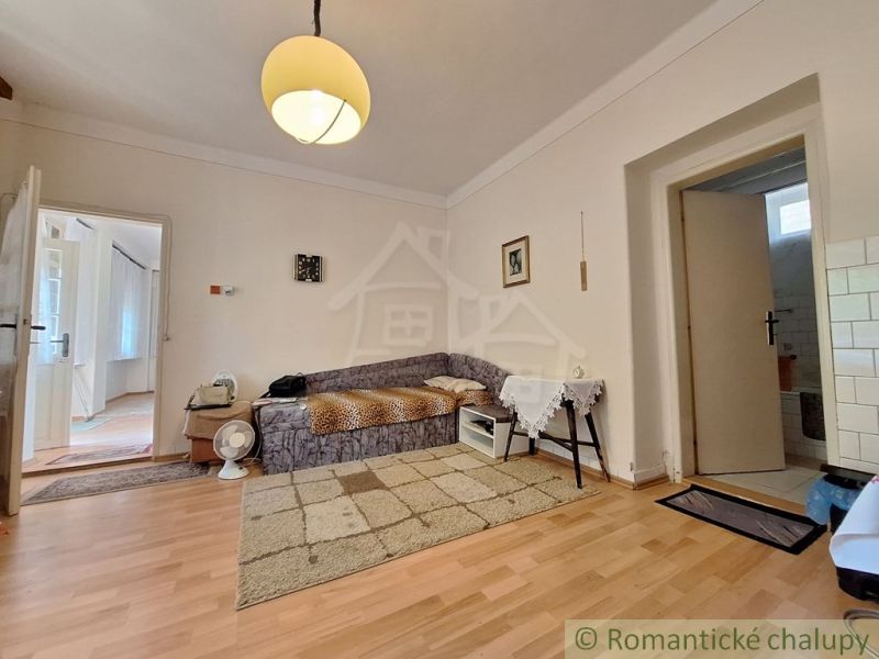 A room with a wooden decor floor, a sofa, and a light in a family house.