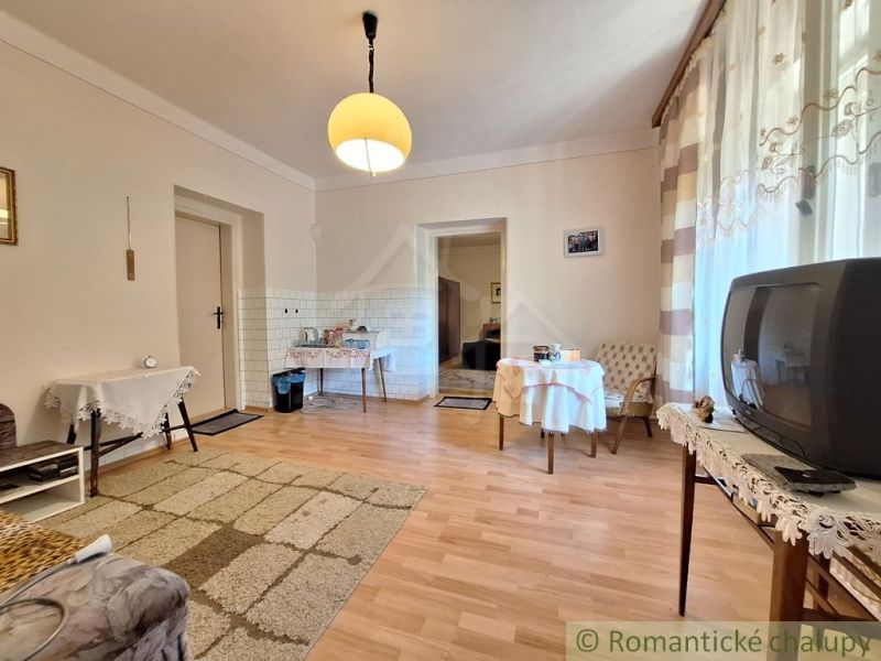 Interior of a family house with a wooden decor floor, a sofa, and a television.