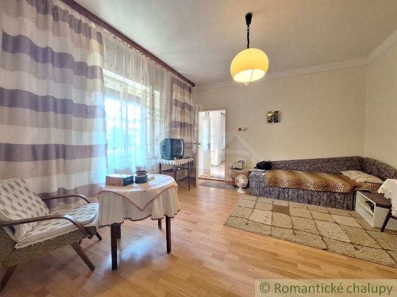Living room with wood-patterned flooring, sofa, and armchair in a family house.