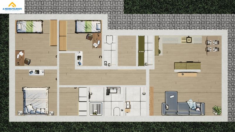 Floor plan of a family house with three rooms and a wooden decor floor.