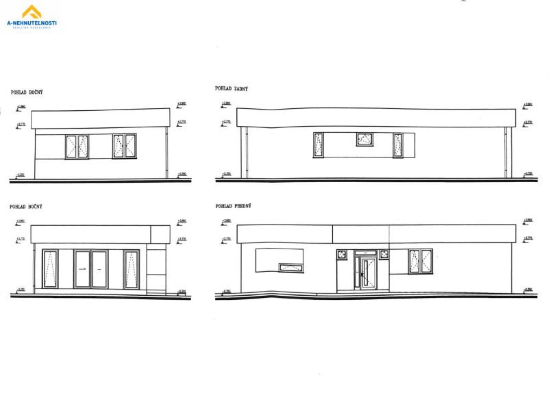 Construction project plans of a family house with floor plans and side views.
