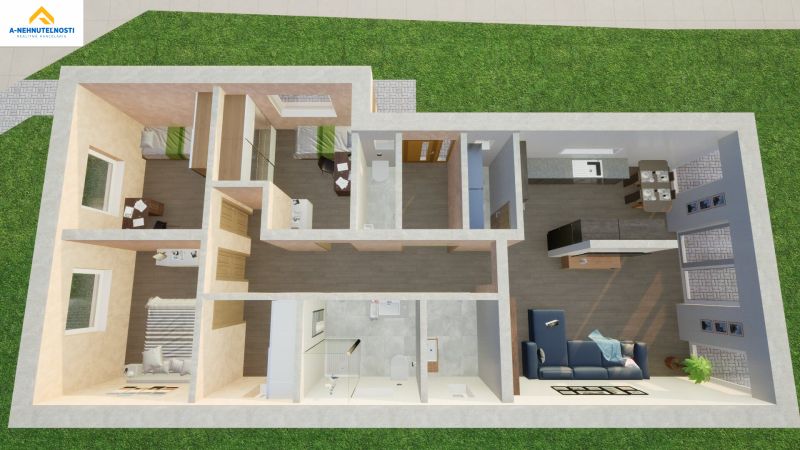 Floor plan of a family house with a living room, kitchen, and two bedrooms, flooring with a wooden decor.