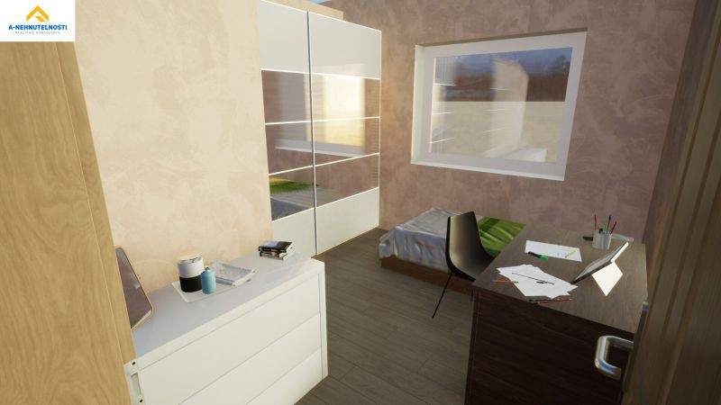 A room in a family house with a bed, a desk, a white dresser, and a wardrobe.
