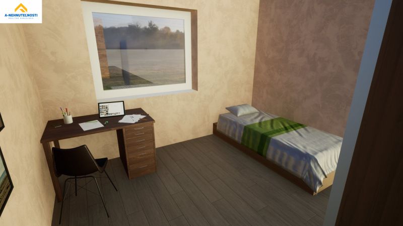 Single room with a desk, chair, and wooden floor decor in a family house.