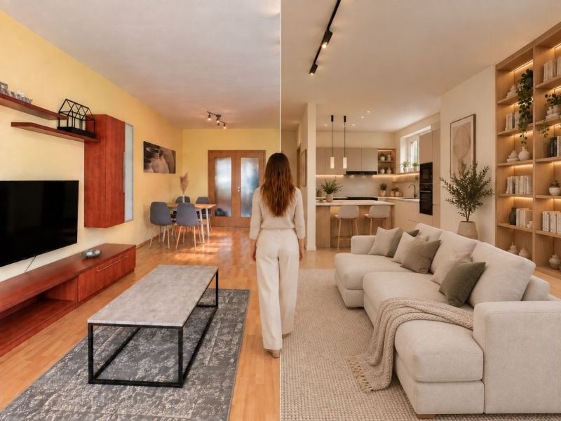 Living room in a three-room apartment with a wooden decor floor and modern interior.