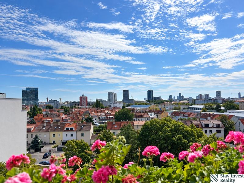View from Czechoslovak Paratroopers in Bratislava - Nové Mesto towards the city and the blue sky.