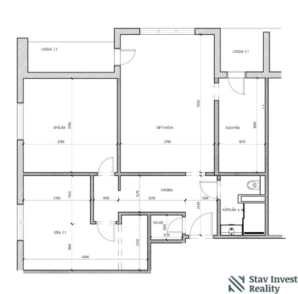 Floor plan of a 3-room apartment with loggias, storage space, and a bathroom with a toilet.