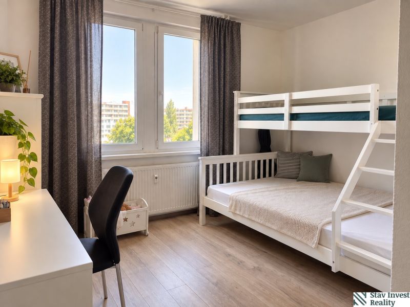 Children in a 3-room apartment. Bunk bed, writing desk, floor with wooden decor.