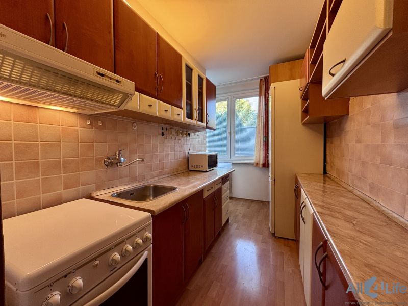A kitchen with light walls, impressive cabinets, and a wood-patterned floor in a 2-room apartment.