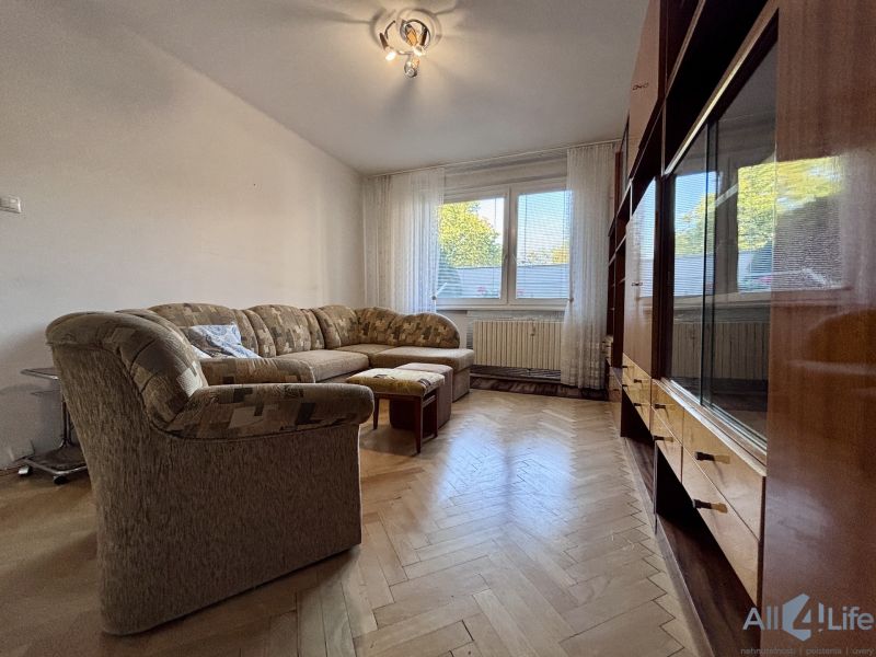 Living room with a sofa and a wooden decor floor in a 2-room apartment.