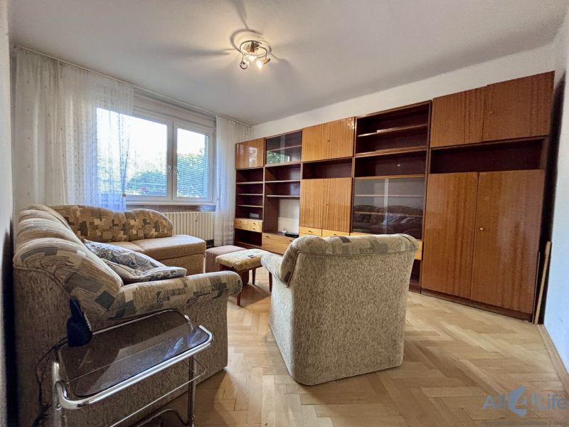 Living room with furniture and wood-patterned flooring in a two-room apartment.