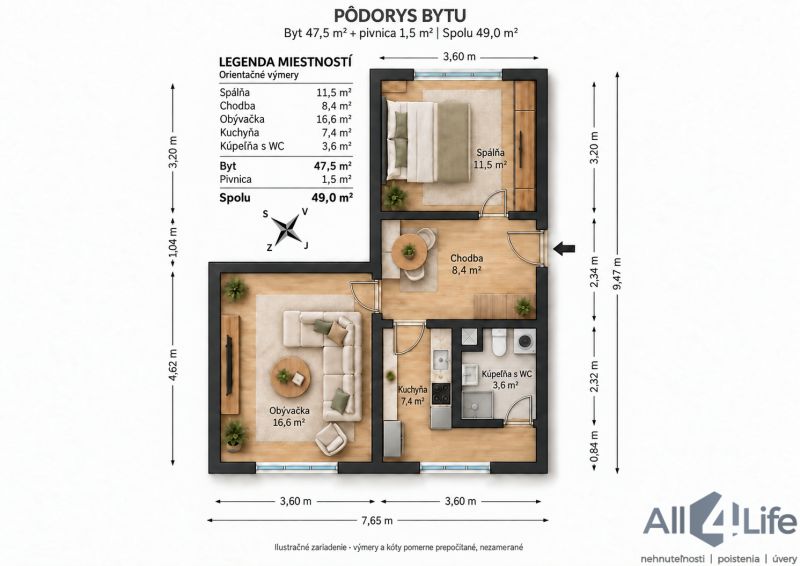 Floor plan of a 2-room apartment with an area of 49 m², illustrative furnishing.