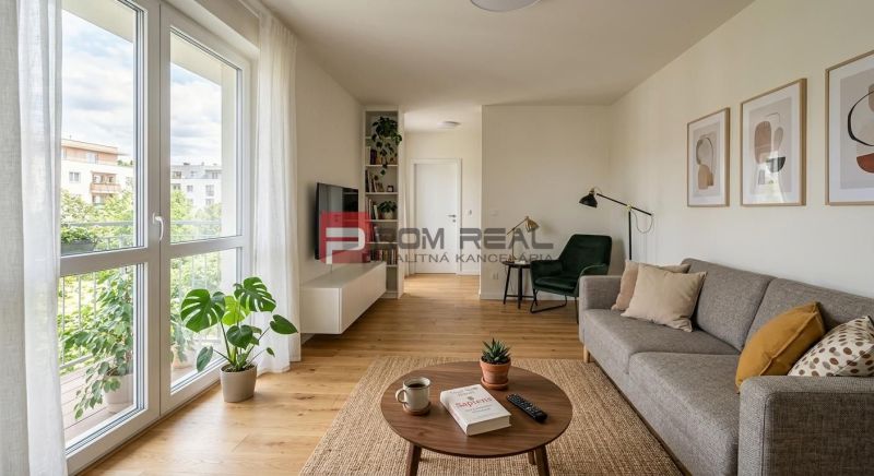 Living room with a sofa, coffee table, wood-patterned floor, and a large window.