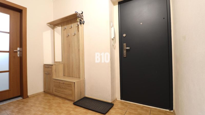 Hallway in a 3-room apartment with a coat rack set and black entrance door.