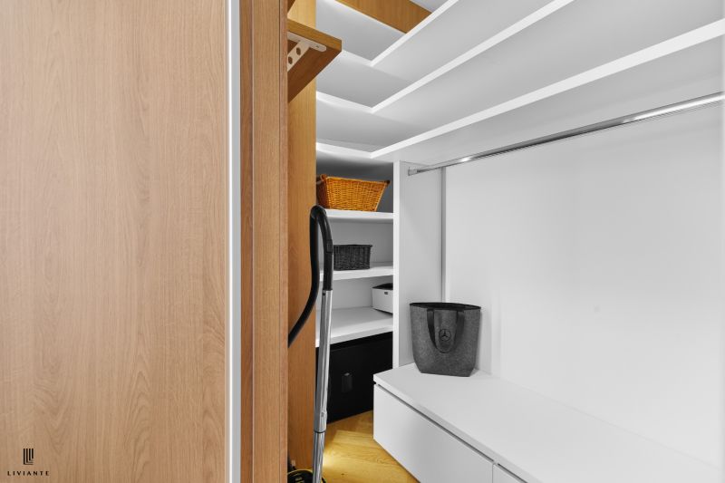 Wardrobe with shelves and a rod, standing vacuum cleaner, floor with wooden decor.