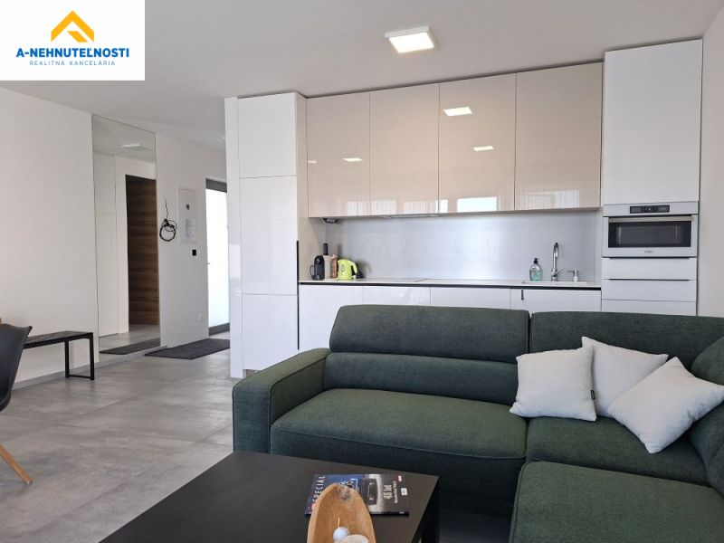 Living room with a kitchenette in a two-room apartment, floor with a wooden decor, light colors.