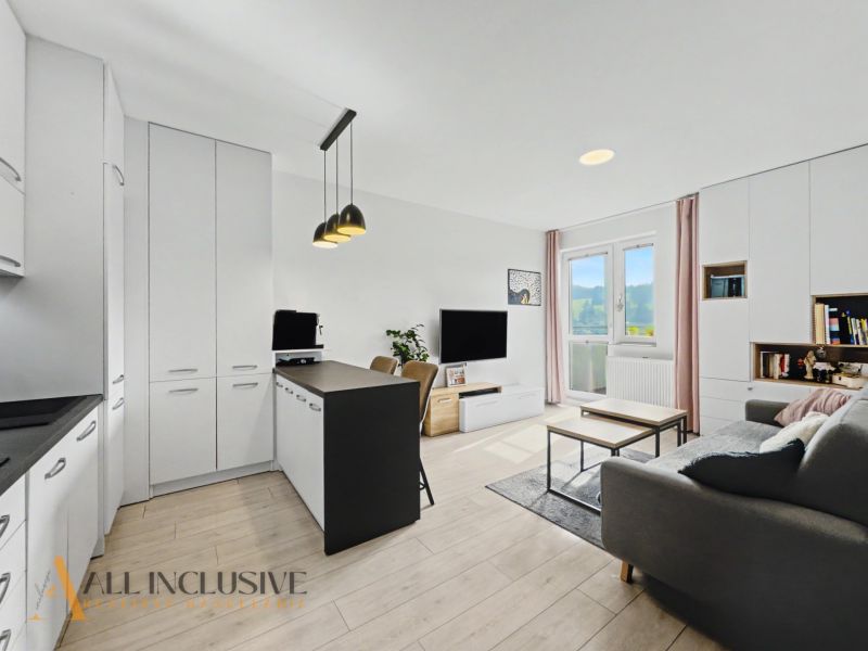 Living room with kitchen in a 2-room apartment, wooden decor flooring, modern furniture.