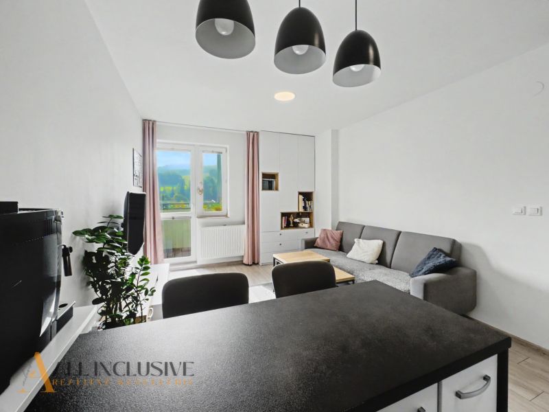 Living room in a two-room apartment with a sofa, a table, and a wooden decor floor.