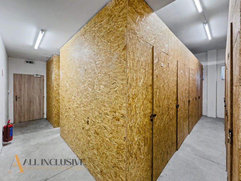 Storage space with locked wood-finish cabinets in a 2-room apartment.