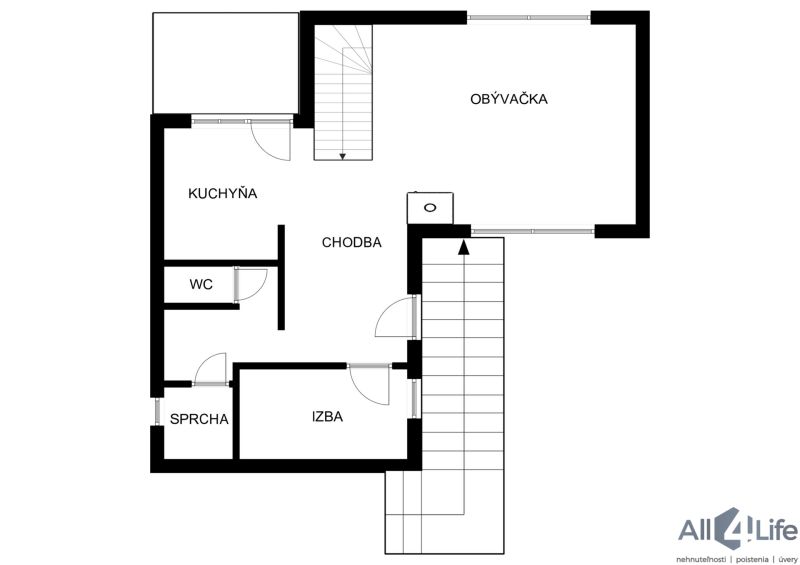 Floor plan of a cottage with a living room, kitchen, bedroom, hallway, shower, and toilet.