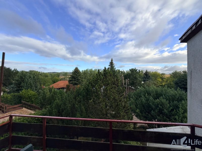 View from the terrace of the cottage on Rekreačná Street in Vrbové. Greenery and cloudy sky.