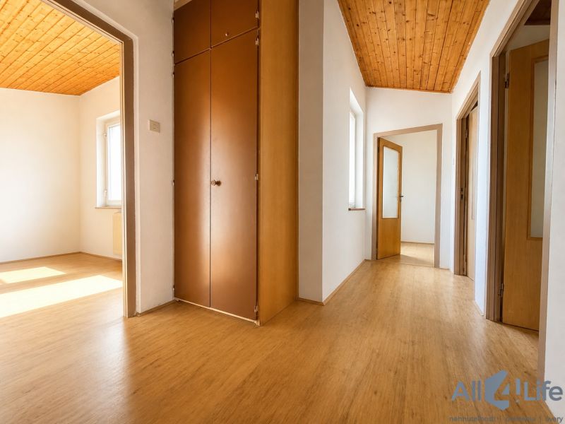 A cottage with a bright hallway, a wooden decor floor, and a built-in wardrobe.