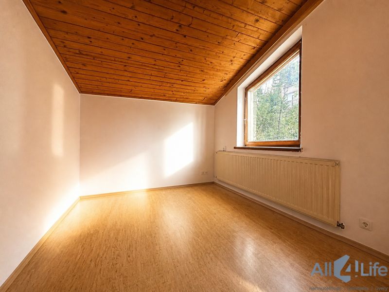 A room in a cottage with a wooden decor floor and a sloped ceiling.