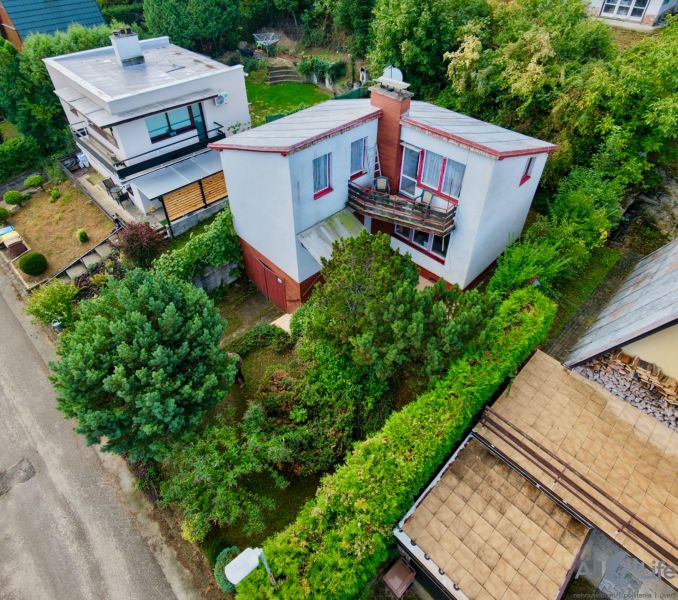 A cottage on Rekreačná Street in Vrbové surrounded by greenery and ornamental shrubs.