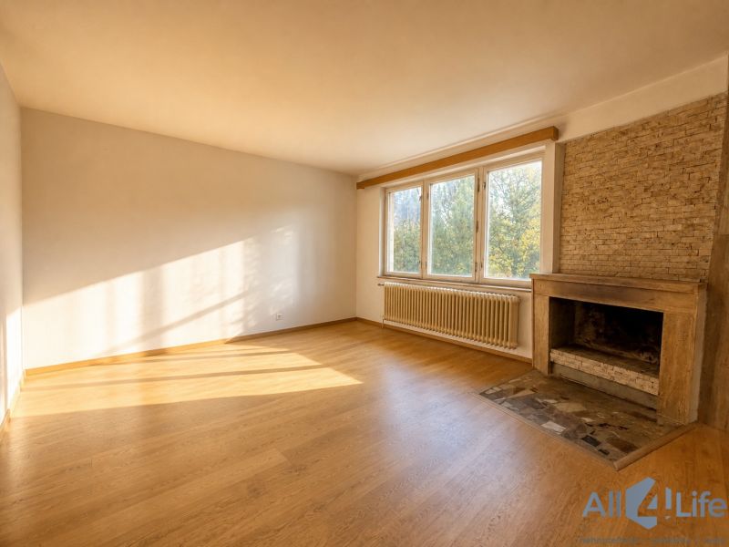 A spacious room with a fireplace and a wooden decor floor in the cottage.
