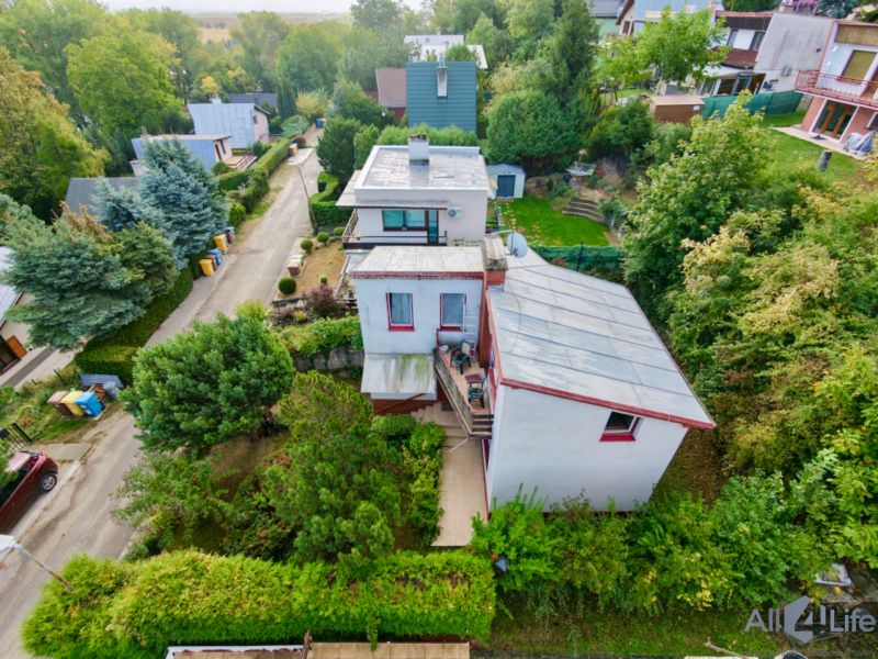 Aerial view of the cottage on Rekreačná Street in Vrbové surrounded by greenery.