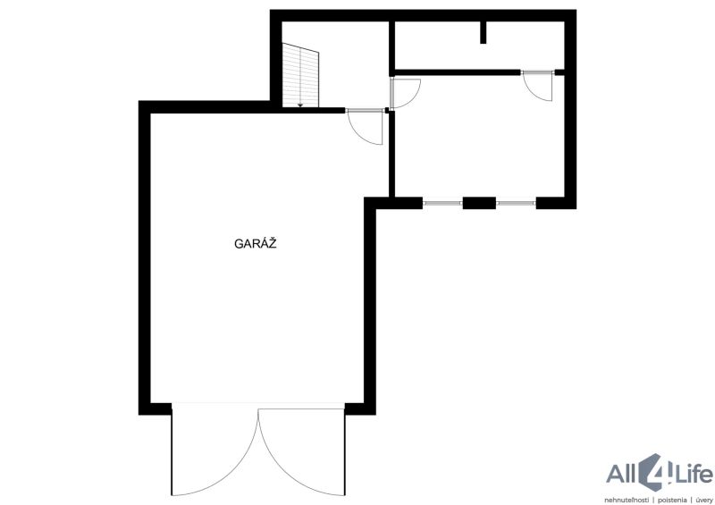 The floor plan shows the garage and rooms in the cottage on Rekreačná Street in Vrbové.