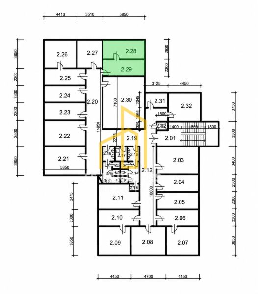 Floor plan of offices with highlighted sections on Záhradnícka Street in Komárno.