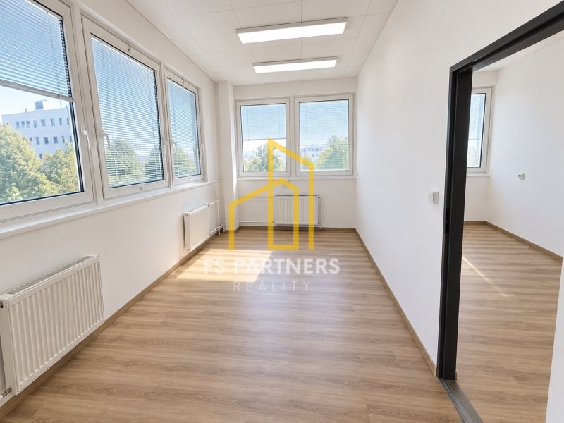 Office interior with wood-patterned flooring and large windows.