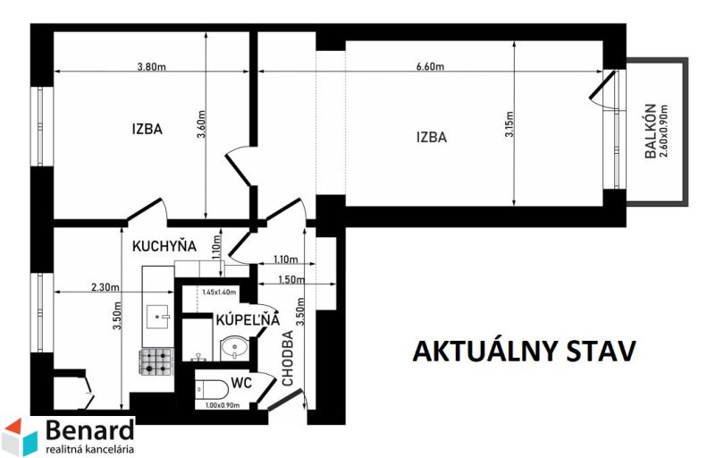 Layout of a two-room apartment with a balcony and a separate toilet.